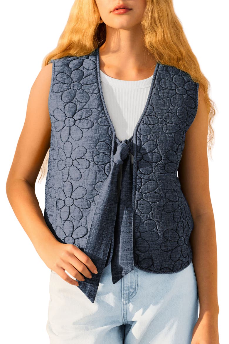 Floral Quilted Denim Vest, Main, color, BLUE