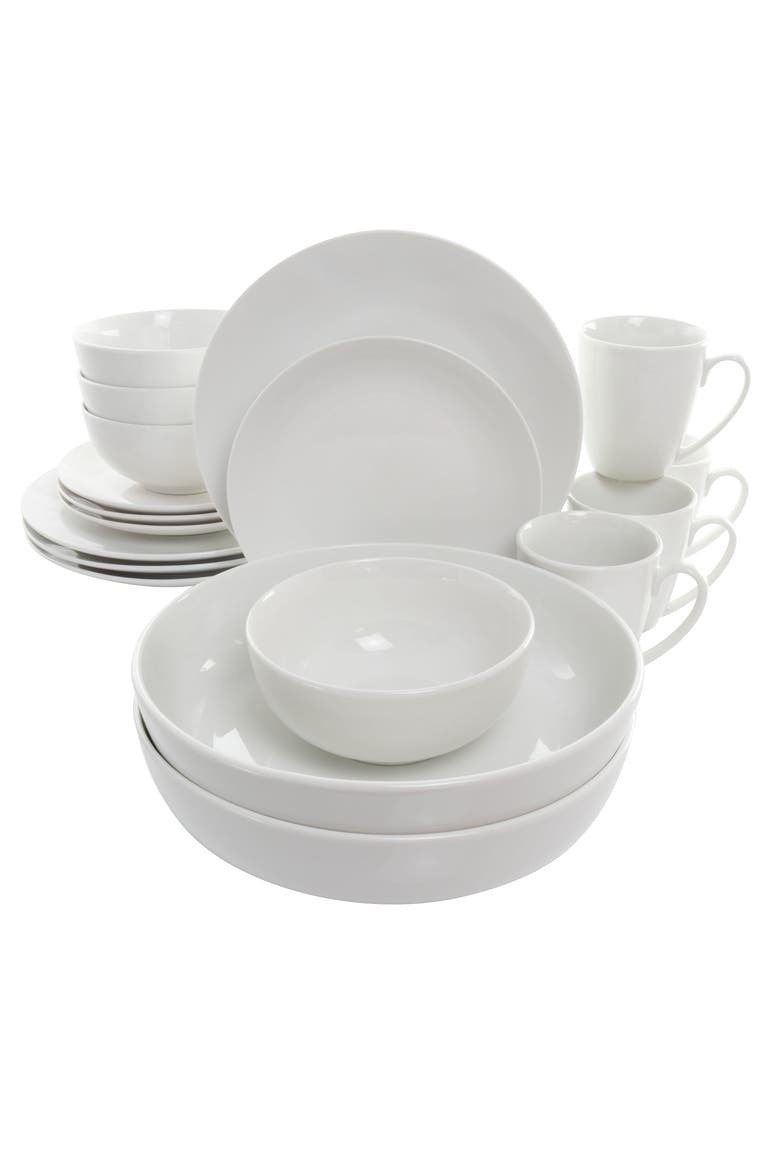 Owen 18 Piece Porcelain Dinnerware Set with 2 Large Serving Bowls, Main, color, White