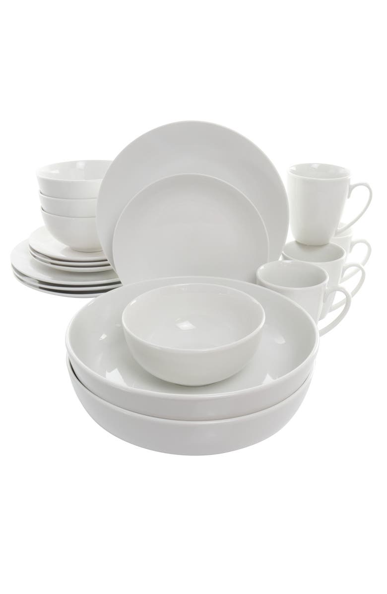 Elama Owen 18 Piece Porcelain Dinnerware Set with 2 Large Serving Bowls, Main, color, White
