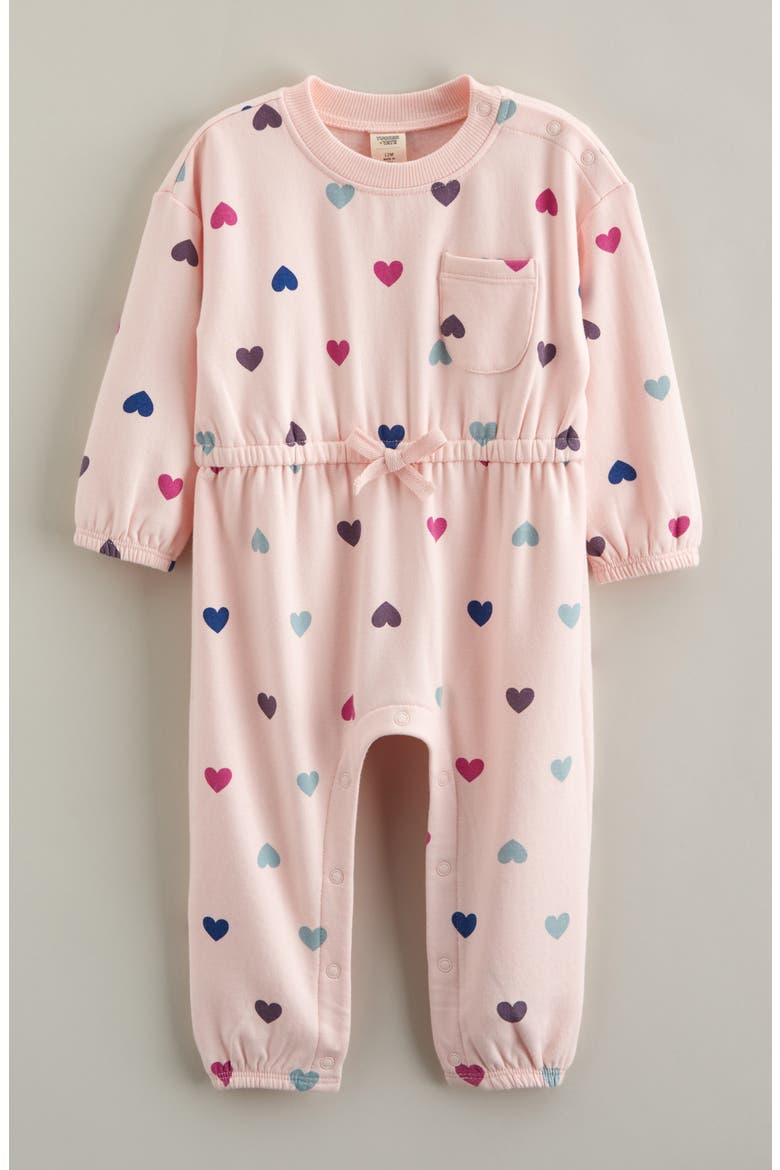 Print Fleece Romper, Main, color, PINK BALM FESTIVE HEARTS