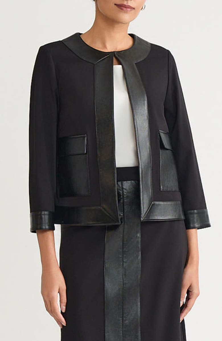 Ming Wang Faux Leather Trim Stretch Ponte Jacket, Main, color, Black