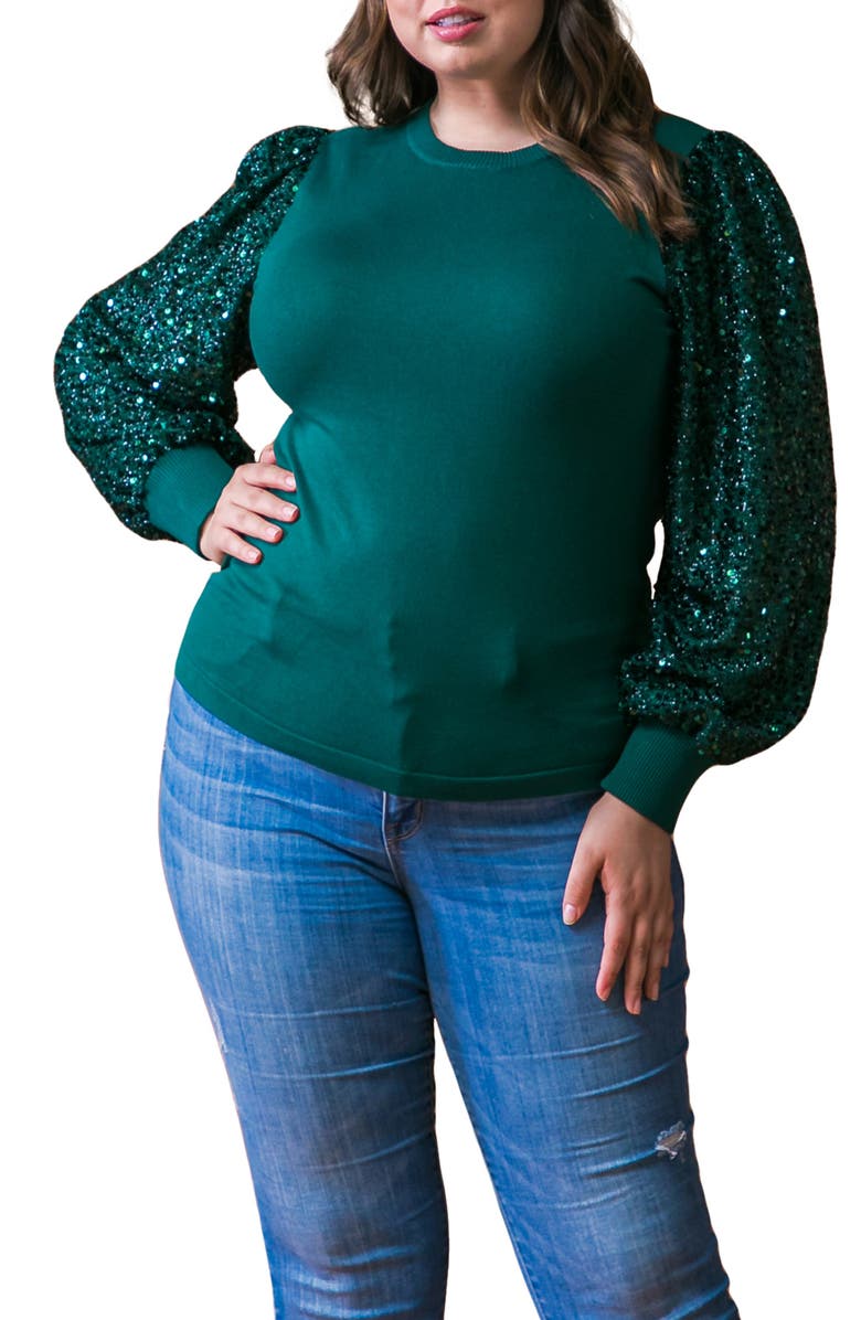 FLYING TOMATO Sequin Balloon Sleeve Sweater, Main, color, Green