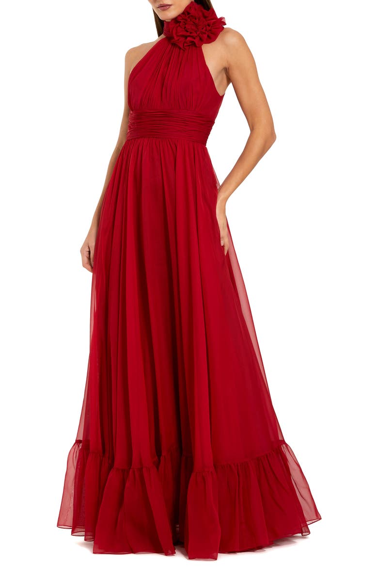 Mac Duggal Sleeveless Mock Neck Chiffon Gown With 3D Flower, Main, color, Deep Red
