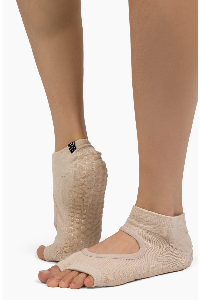 Antimicrobial Grip Sock- Tan Open Toe Ankle with Clear Grip, Alternate, color, Beige