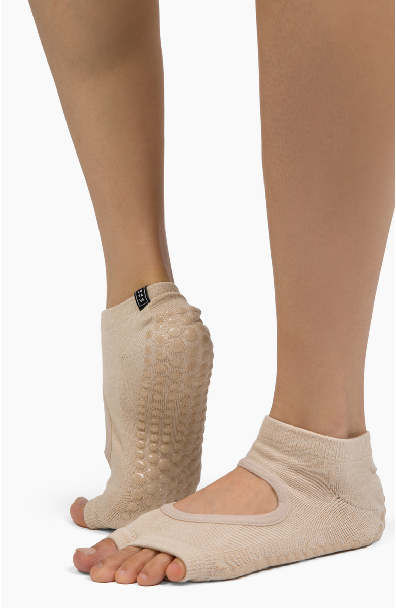 Lutava Antimicrobial Grip Sock- Tan Open Toe Ankle with Clear Grip - 2 Pack, Alternate, color, Beige