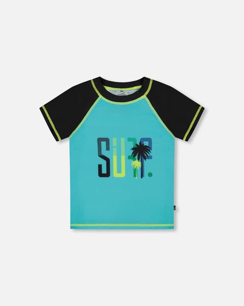 Little Boy's Short Sleeve Rashguard Black And Turquoise