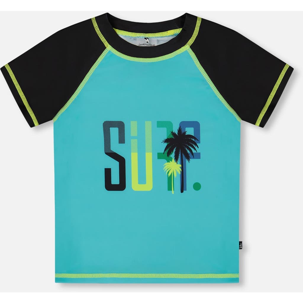 DEUX PAR DEUX DEUX PAR DEUX LITTLE BOY'S SHORT SLEEVE RASHGUARD BLACK AND TURQUOISE