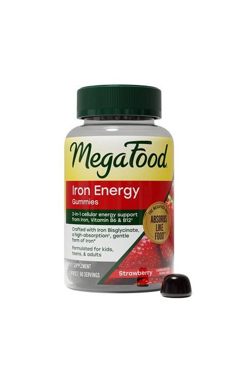 Iron Energy Gummies for Adults, Teens & Kids with Vitamin B12 & B6, 60 Strawberry Gummies