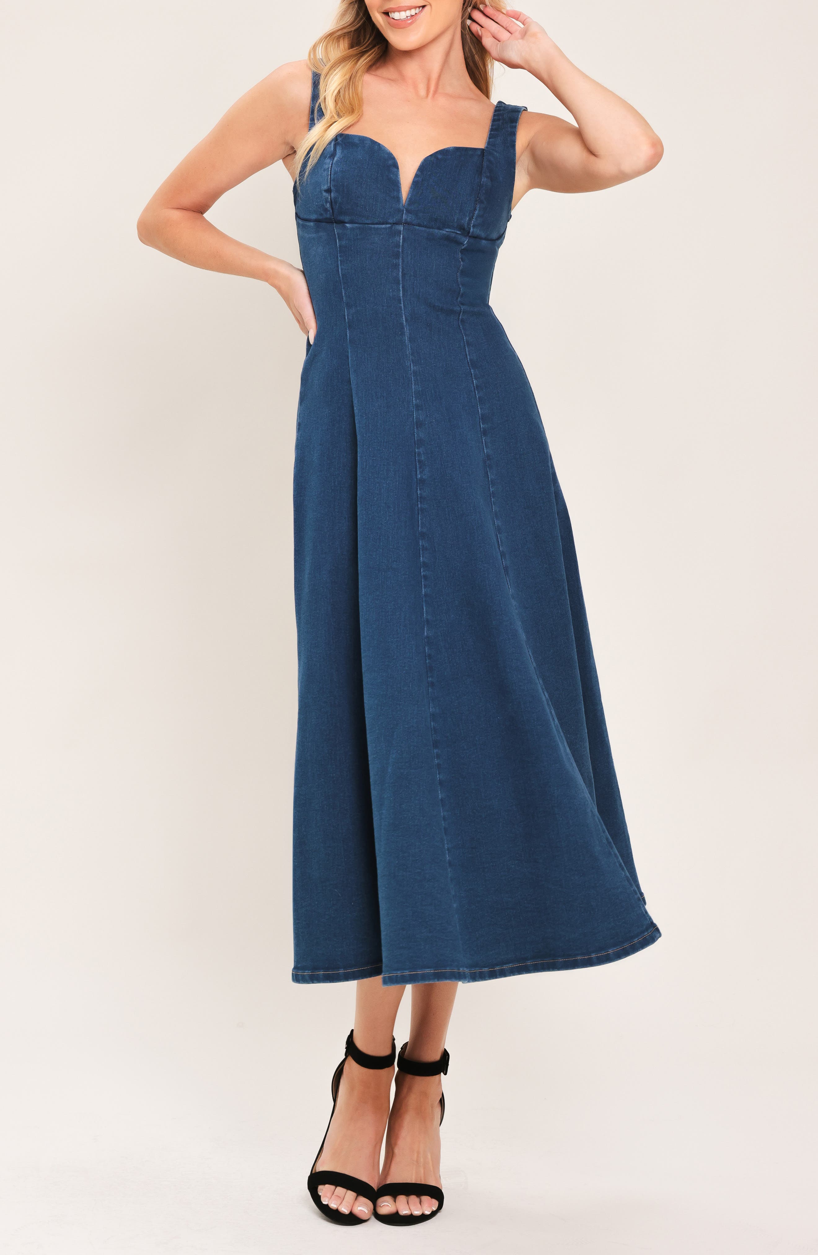 Sleeveless Fit & Flare Denim Midi Dress