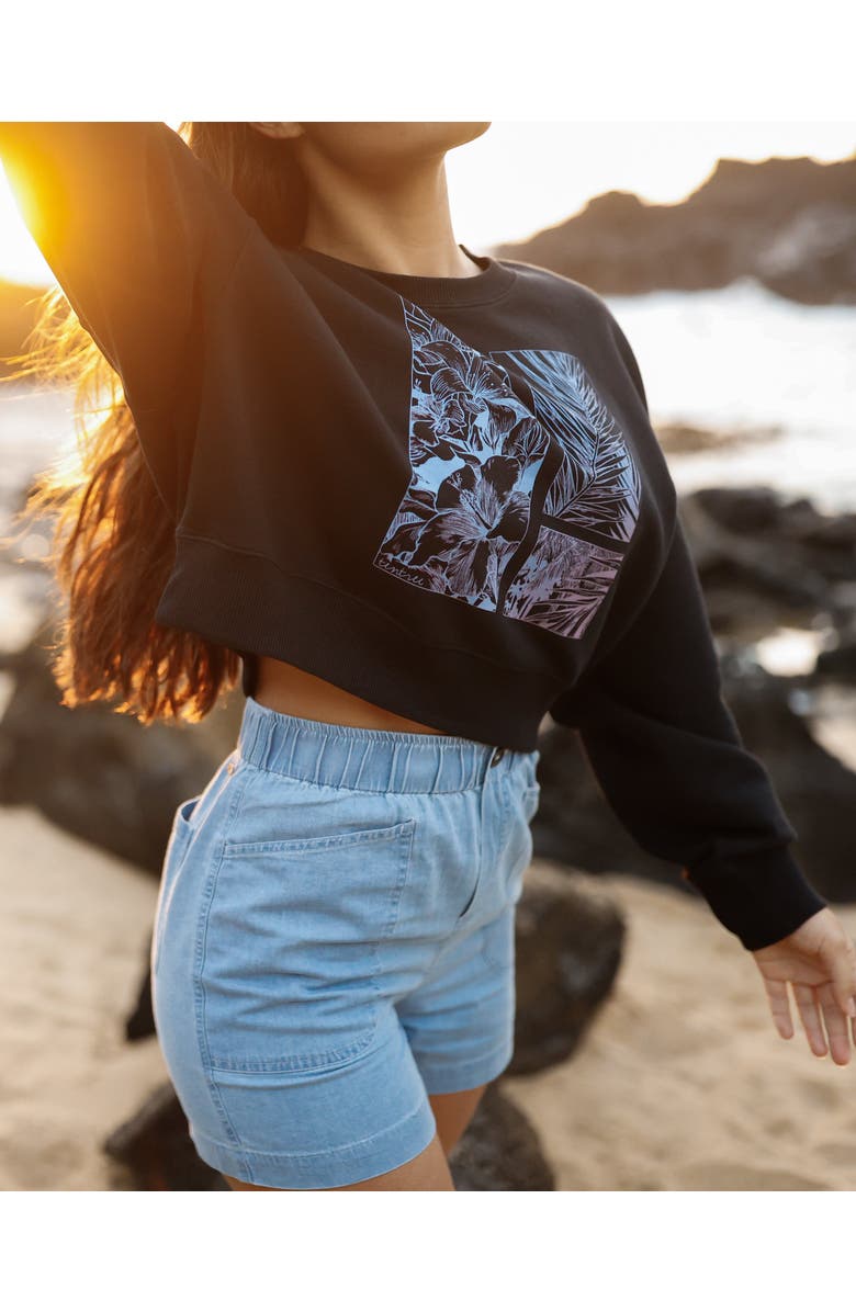 tentree Framed Haitian Blooms Oversized Crop Crew, Alternate, color, Meteorite Black/Pink Sand