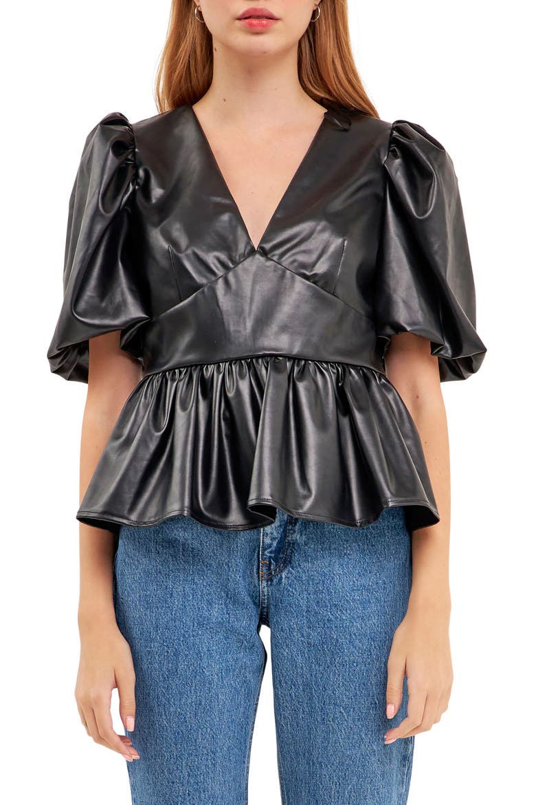 Puff Sleeve Faux Leather Peplum Top, Main, color, BLACK