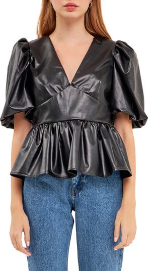 English Factory Puff Sleeve Faux Leather Peplum Top | Nordstrom