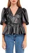 English Factory Puff Sleeve Faux Leather Peplum Top