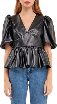 English Factory Puff Sleeve Faux Leather Peplum Top