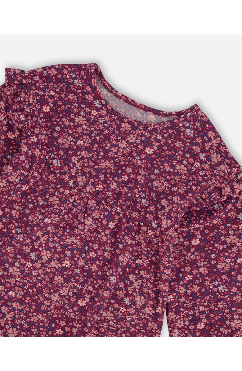 Deux par Deux Girl's Dress With Frills Burgundy Printed Little Flowers, Alternate, color,