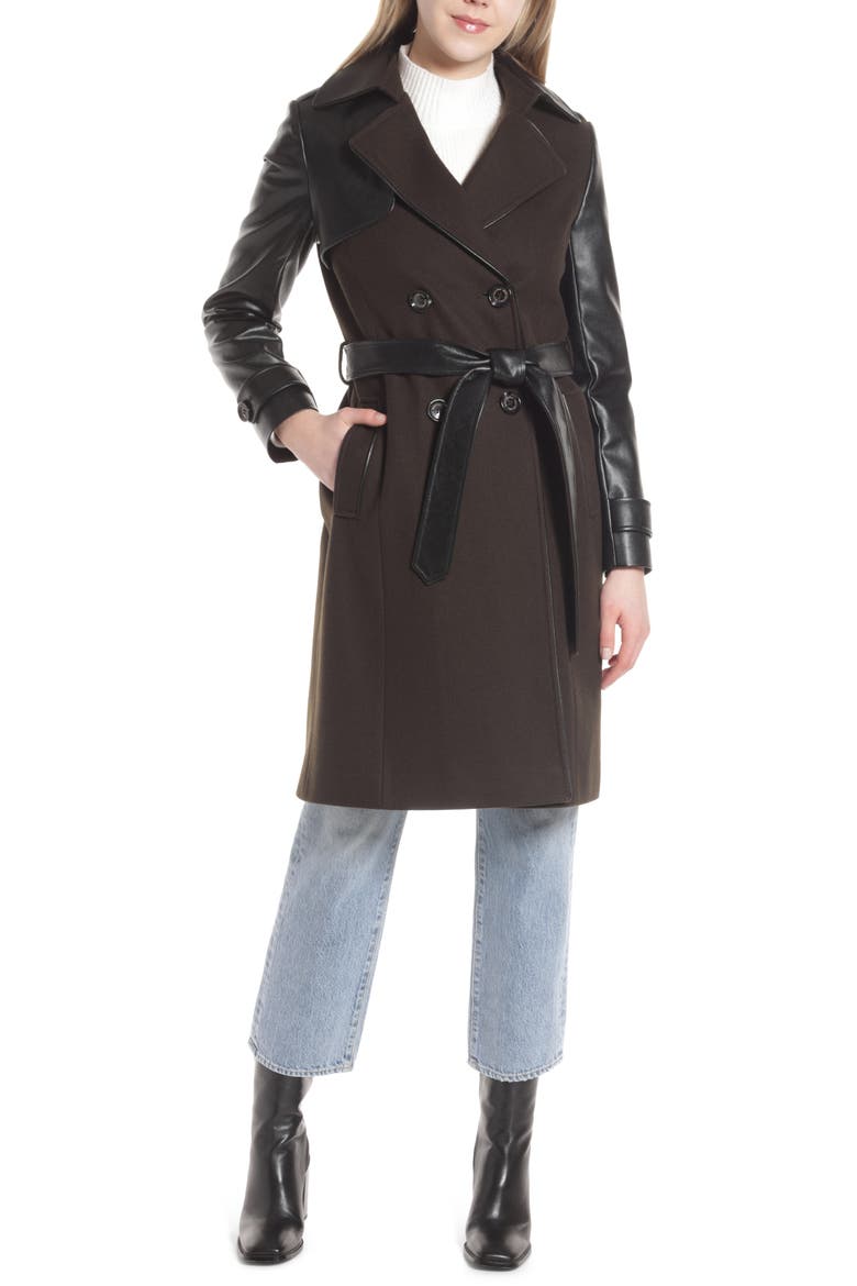 Mixed Media Wool Blend Trench Coat, Alternate, color, MILITARY GREEN