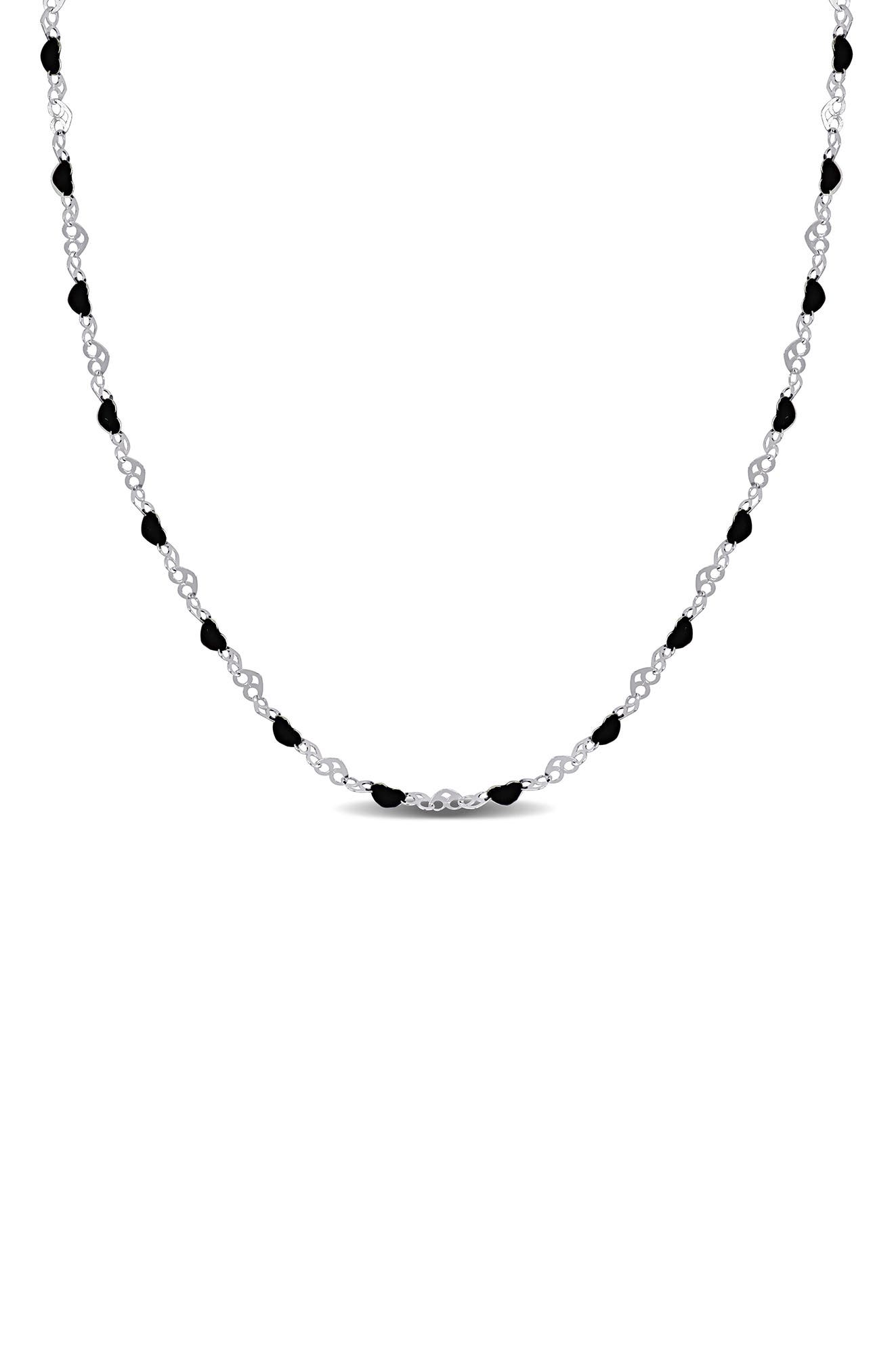 DELMAR Sterling Silver Black Enamel Station Heart Link Necklace