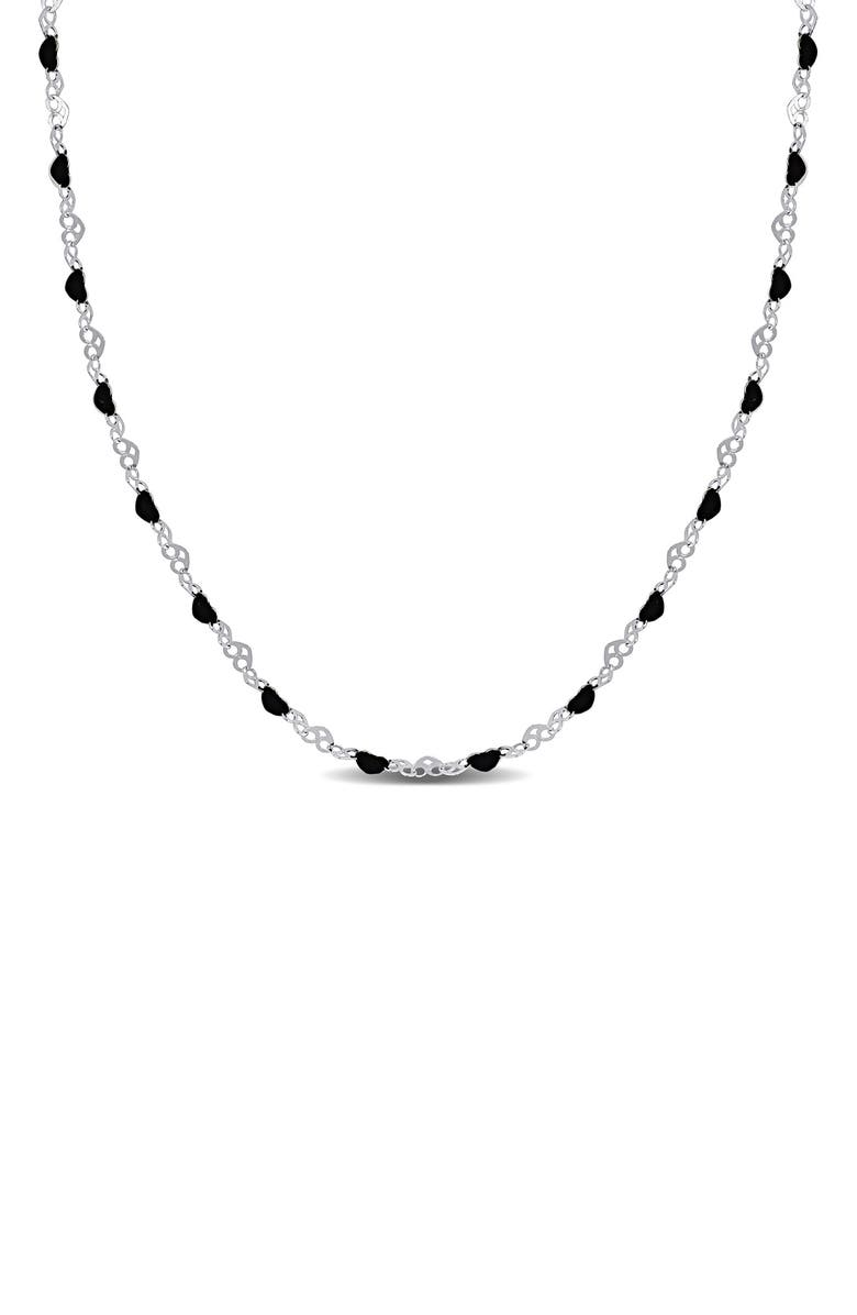 DELMAR Sterling Silver Black Enamel Station Heart Link Necklace, Main, color, Silver