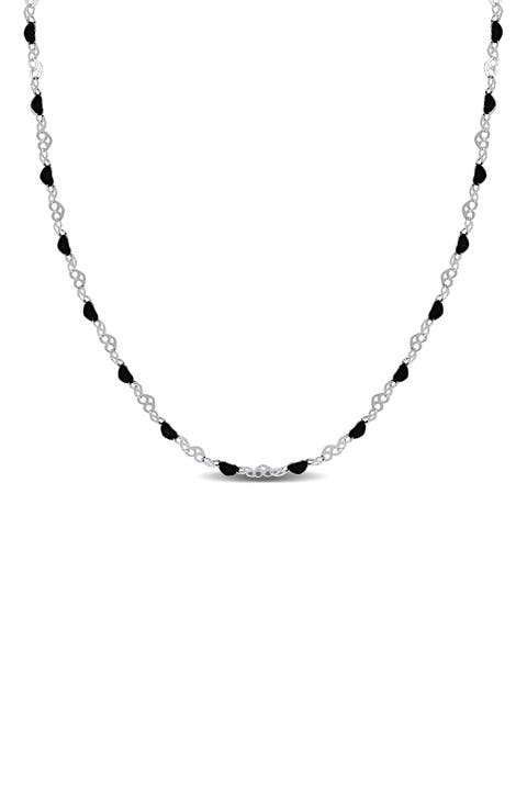 Sterling Silver Black Enamel Station Heart Link Necklace