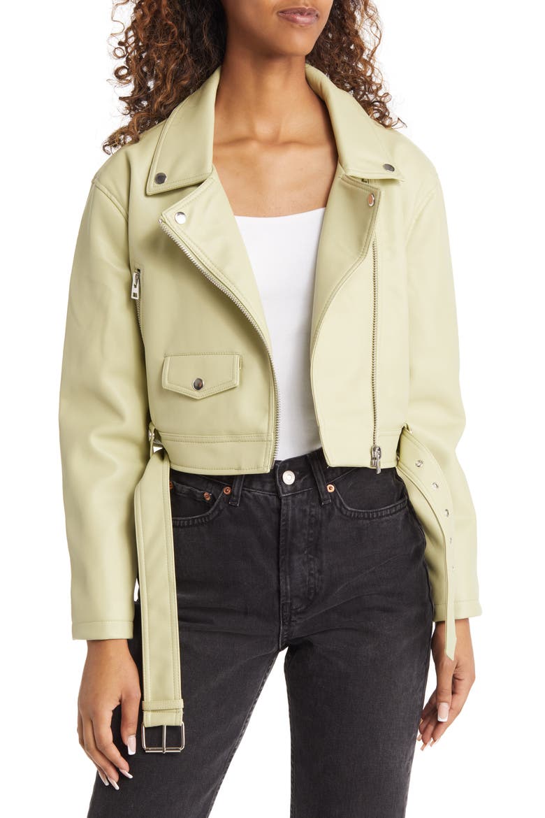 Faux Leather Biker Jacket, Main, color, LIGHT GREEN