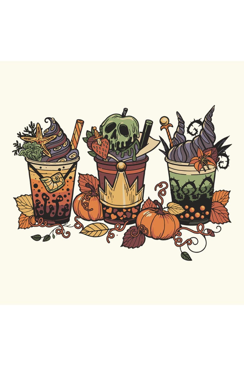 Juniors Disney Pumpkin Fall Drinks T Shirt, Alternate, color, Egret