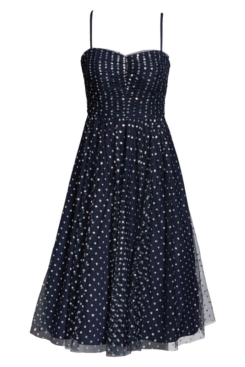 Glitter Mesh Fit & Flare Cocktail Dress, Alternate, color, NAVY
