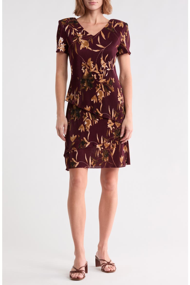 Tiered Plissé Short Sleeve Dress, Main, color, CABERNET