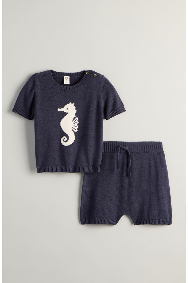 Motif Short Sleeve Cotton Blend Sweater & Shorts Set, Main, color, NAVY PEACOAT SEAHORSE
