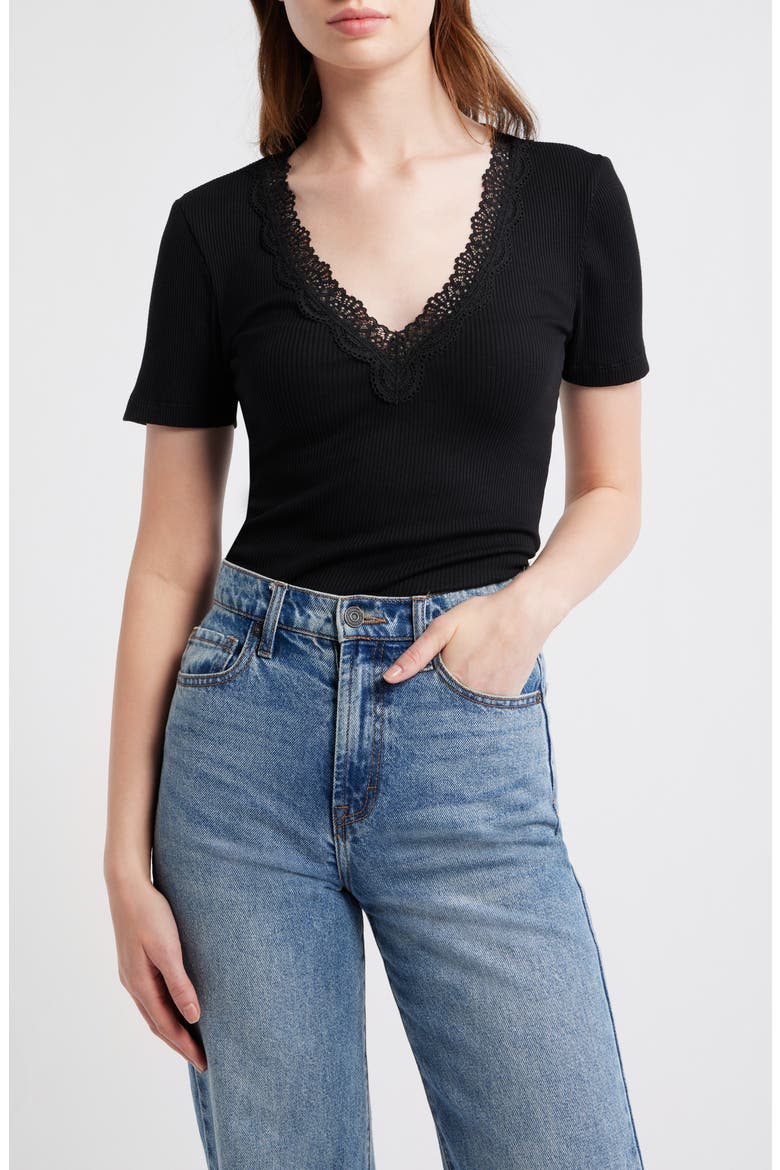 Lace Trim V-Neck Rib Top, Main, color, JET BLACK