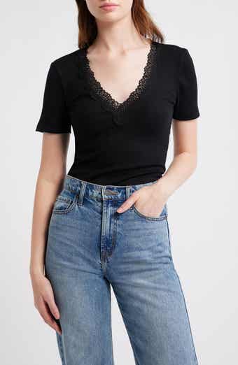 Lace Trim V-Neck Rib Top