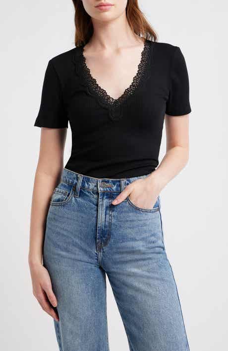 Lace Trim V-Neck Rib Top