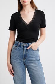 Madewell Lace Trim V-Neck Rib Top