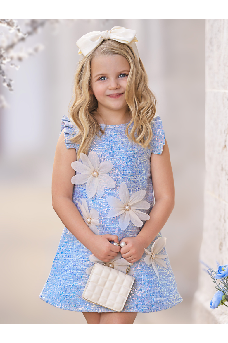 Girls  Sequin Daisy Pearl-Accent Shift Dress, Alternate, color, Blue
