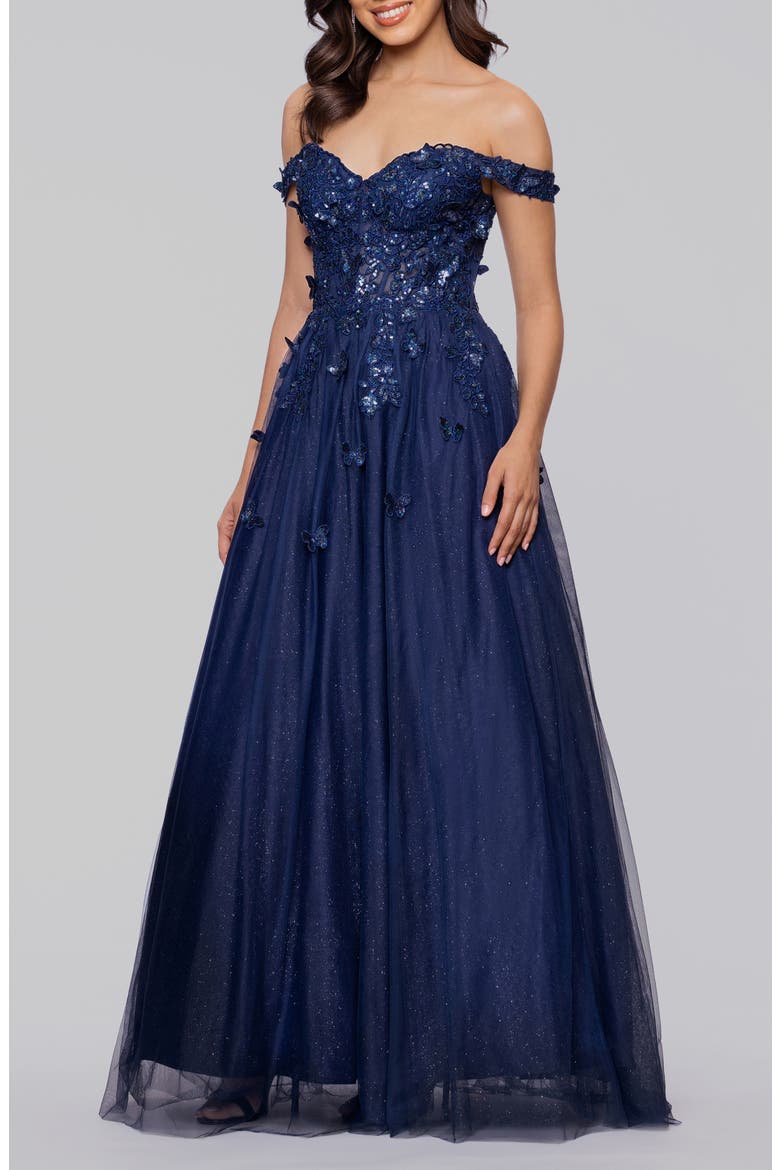 Off the Shoulder Sequin 3D Embellished Tulle Gown, Alternate, color, NAVY