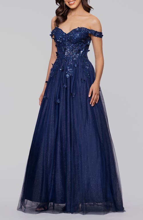 Blondie Nites Off The Shoulder Sequin 3d Embellished Tulle Gown In Blue