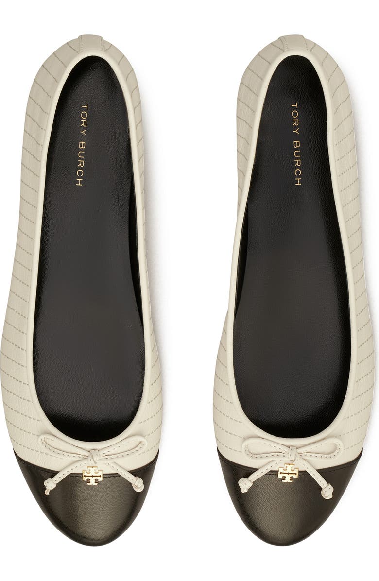 Tory Burch Quilted Cap Toe Ballet Flat, Alternate, color, Light Cream / Perfect Black