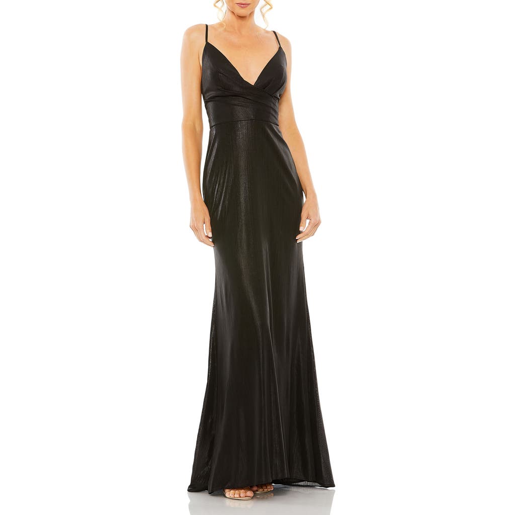 Mac Duggal Metallic Faux Wrap Spaghetti Strap Gown