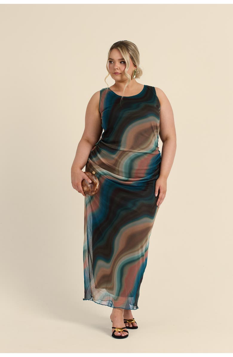 FASHION-SZN CURVE Sleeveless Mesh Swirl Print Midaxi Dress, Main, color, Brown