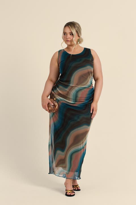 Sleeveless Mesh Swirl Print Midaxi Dress