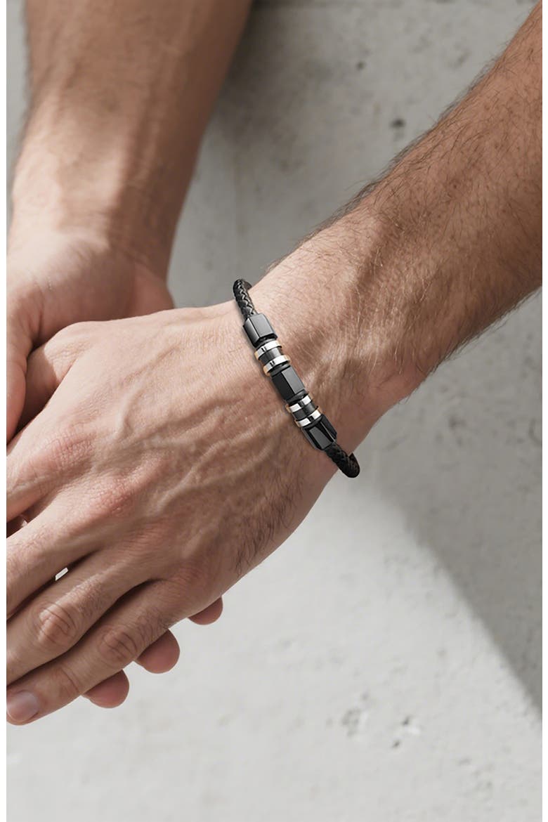 Men's Stainless Steel Ornaments Leather Bracelet, Alternate, color, BLACK