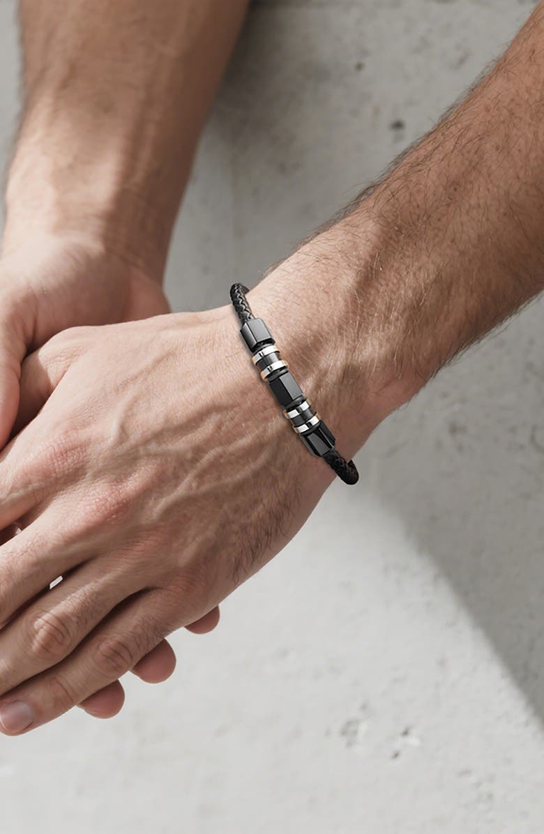 GEOFFREY BEENE Men's Stainless Steel Ornaments Leather Bracelet, Alternate, color, Black