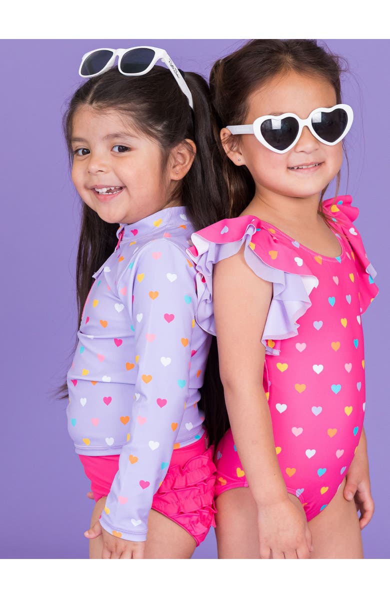 RuffleButts Girls UPF50+ Long Sleeve Zipper Rash Guard 2-Piece, Alternate, color, Lavender Colorful Hearts
