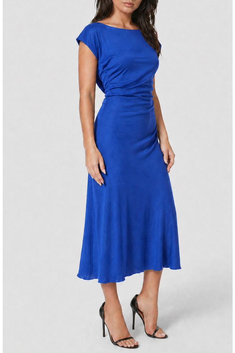 Crushed Satin Draped Back Midi Dress, Alternate, color, ROYAL