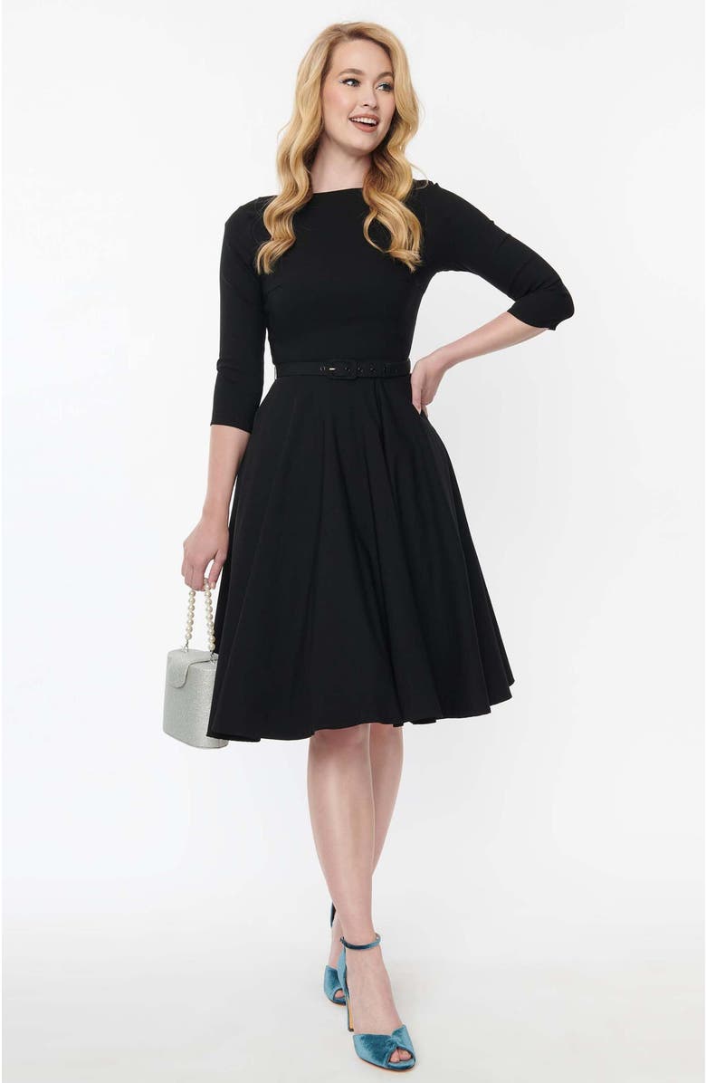 Unique Vintage Three Quarter Sleeve Belted Devon Swing Dress, Main, color, Black