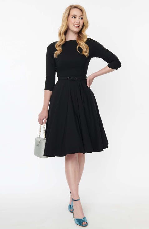 Three Quarter Sleeve Belted Devon Swing Dress