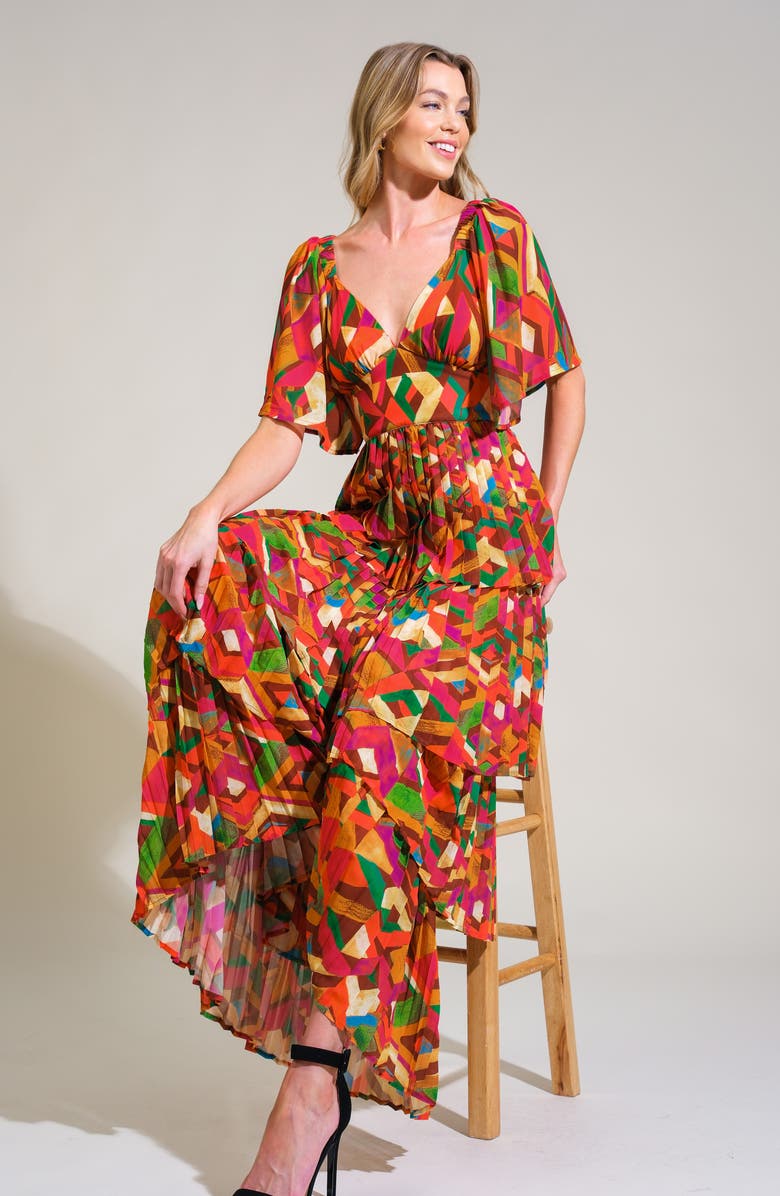 FLYING TOMATO Print Pleated Tiered Maxi Dress, Alternate, color, Orange Green