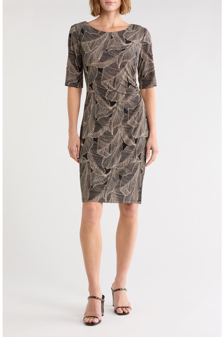 Printed Shirred Midi Dress, Main, color, BLACK.CAMEL