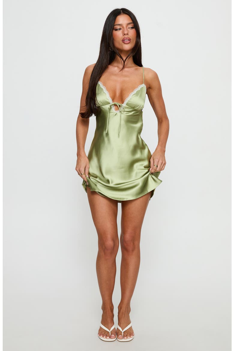 Jasminda Lace Trim Satin Minidress, Alternate, color, GREEN