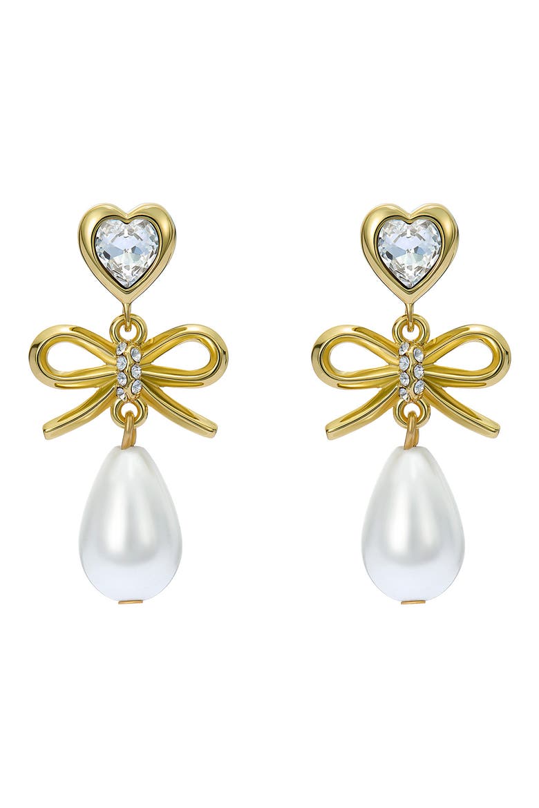 Ivy Icon Charm Heart Bow Faux Pearl Drop Earrings, Main, color, METALLIC GOLD