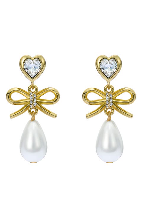 Ivy Icon Charm Heart Bow Faux Pearl Drop Earrings